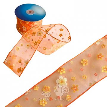 Jemná stuha š. 6 cm kytičky - oranžová 1 m