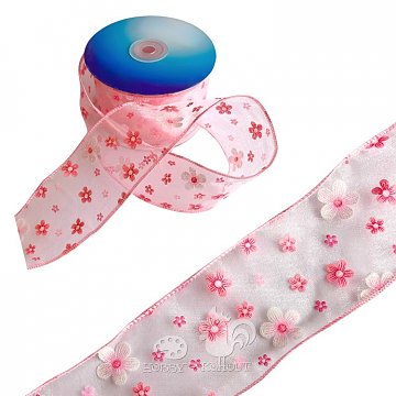 Jemná stuha š. 6 cm kytičky - růžová&nbsp;1 m