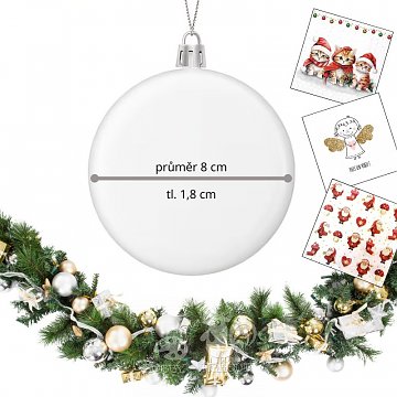 Dekorace baňka plochá plastová 8 x 1,8 cm - bílá