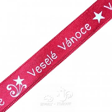Stuha 25 mm - Veselé vánoce červená / bílá 1 m