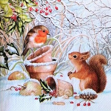 Ubrousek na decoupage - vzor 0903 ptáček, veverka, zima