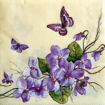 Ubrousek na decoupage - vzor 1301 kytky fialové, motýli, poslední 1 ks