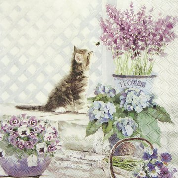 Ubrousek na decoupage - vzor 0777 kytky, kočka