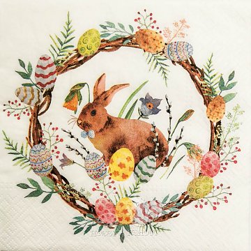 Ubrousek na decoupage - vzor 1411 zajíček, vajíčka, věnec