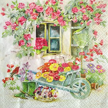 Ubrousek na decoupage - vzor 0779 květiny, zahrada, trakař