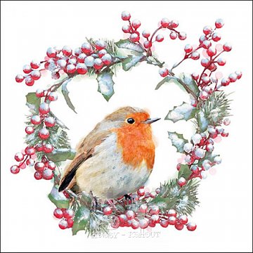 Ubrousek na decoupage - vzor 4411 ptáček robin, věnec doprodej