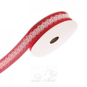 Jutová stuha s krajkou, šíře 2,5 cm - červená 1 m