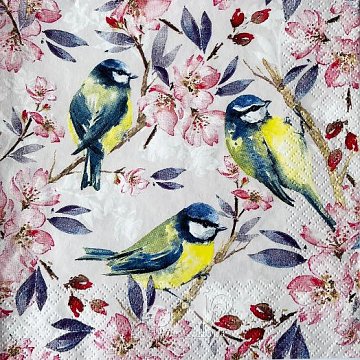 Ubrousek na decoupage - vzor 4415 ptáčci, sýkorky na třešni, poslední 1 kus